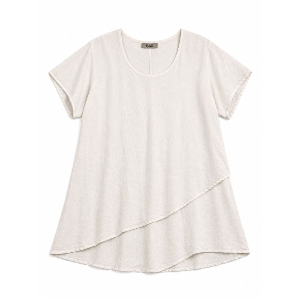 FLAX Designs Linen Tunic Top White Sz L Short Sleeve Layered Scoop Neck Oversize